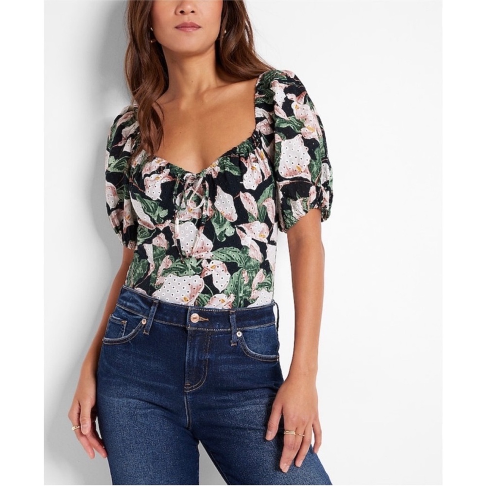 Express Floral Print Eyelet Puff Sleeve Thong Bodysuit